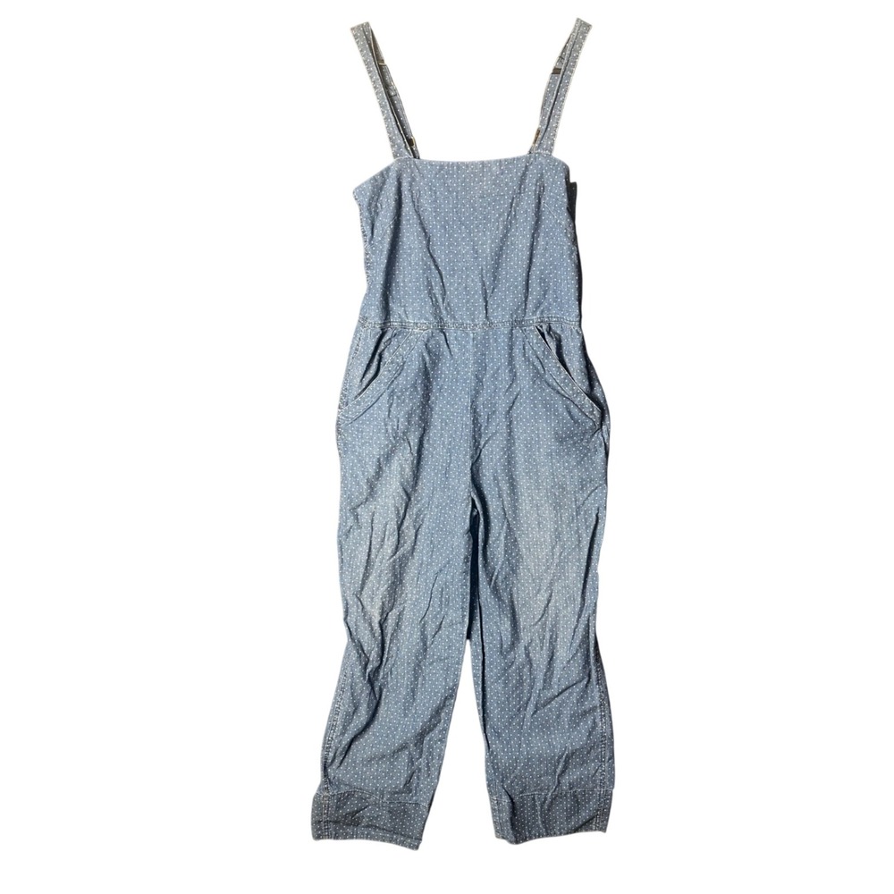 AMO Denim Polka‎ Dot Jumpsuit Blue White Sleeveless Overalls Western Farm Indie